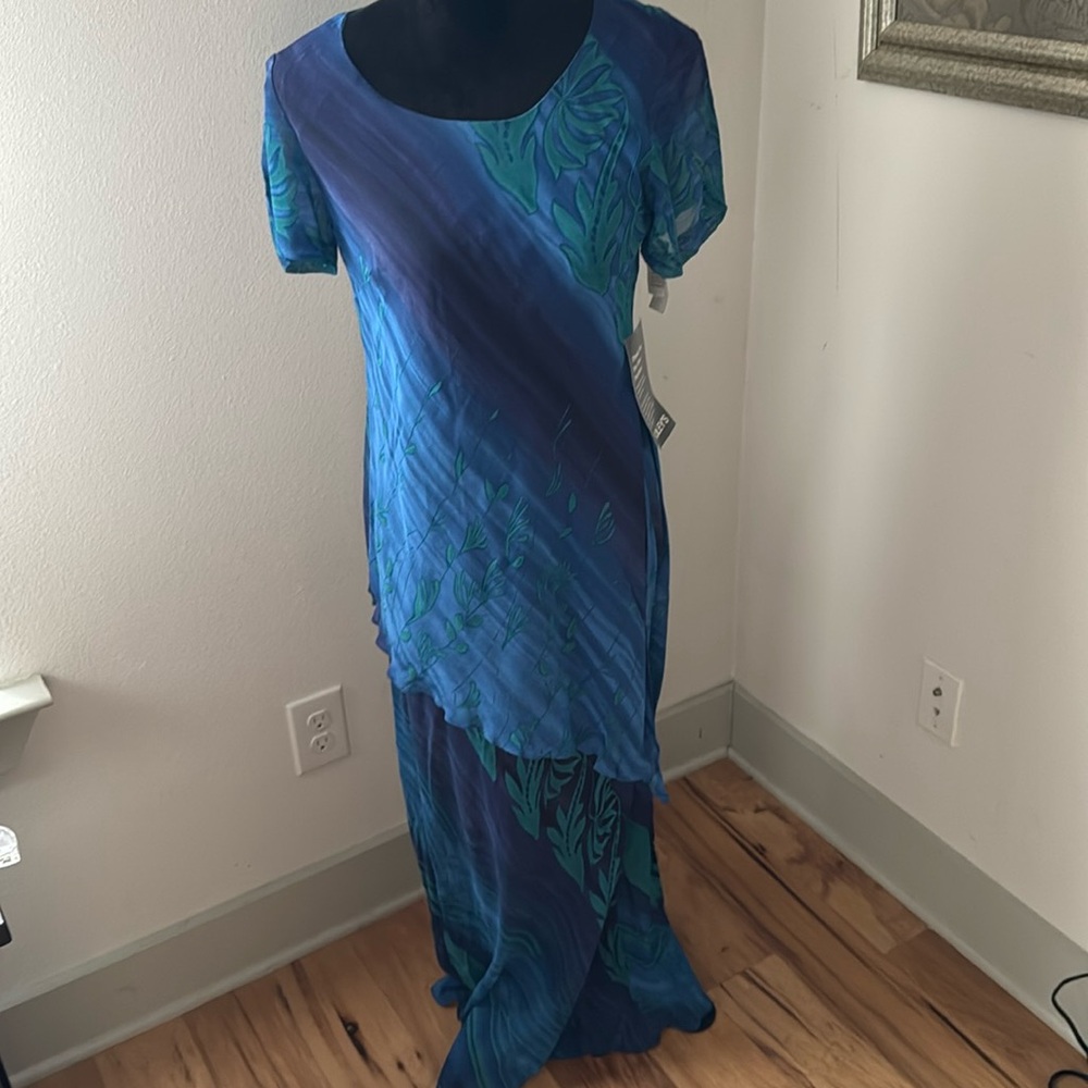 Rabbit Designs turquoise layered short sleeve rayon midi Dress vintage‎ Sz 8 new